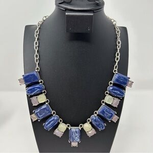 Chico's Blue Marbled Faux Stone Statement Necklace with Silver Tone Chain